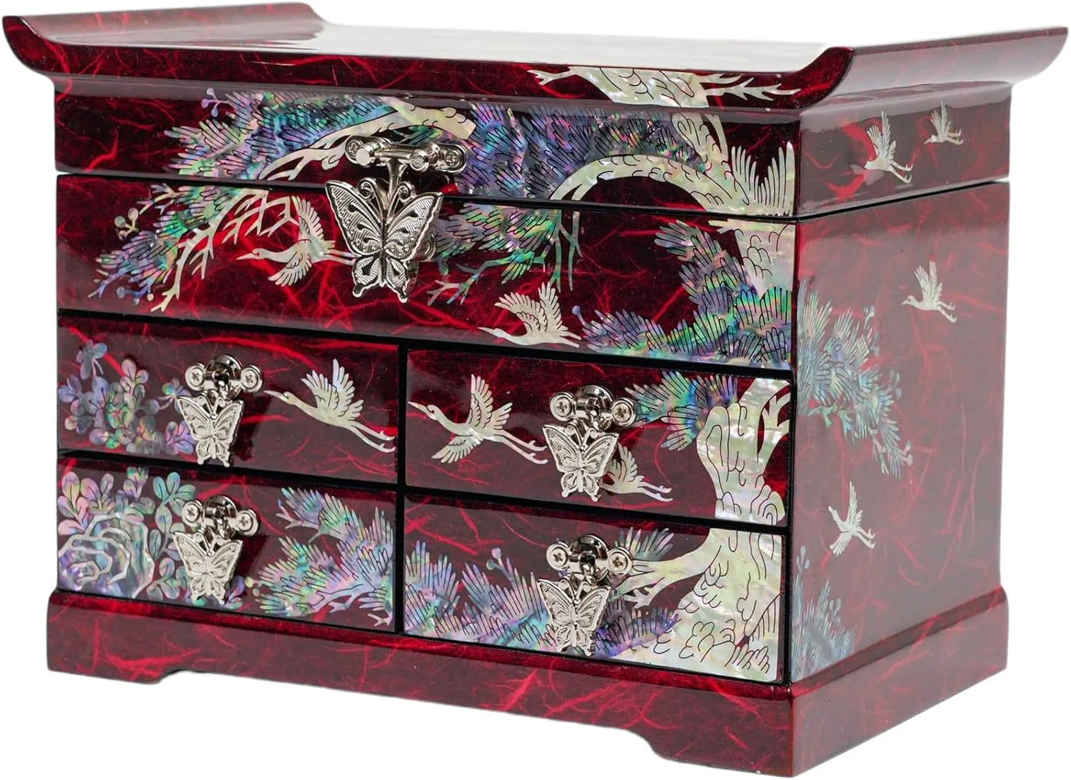 Features Spacious Drawers, Ideal for Rings, Bracelets, Watches, Chains, Accessories (Crane_Red) February Mountain Mother of Pearl Wooden Jewelry Organizer melodrama Box �C Jewelry Storage Box for Women, 