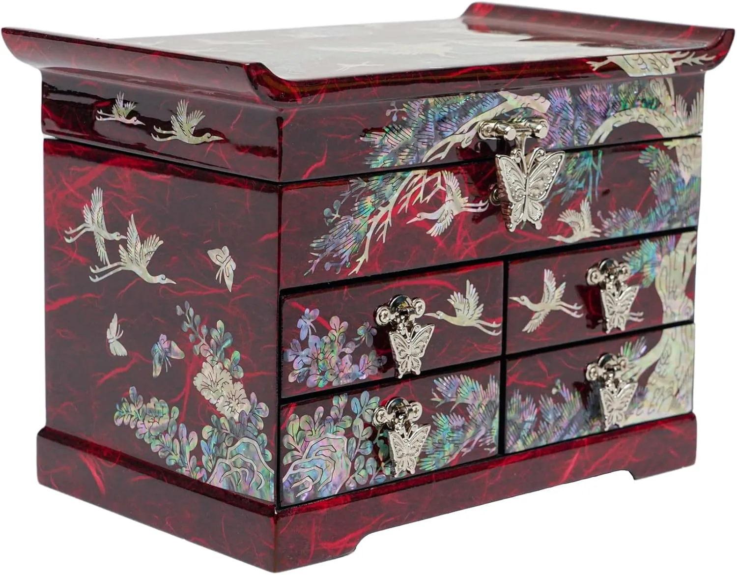 Features Spacious Drawers, Ideal for Rings, Bracelets, Watches, Chains, Accessories (Crane_Red) February Mountain Mother of Pearl Wooden Jewelry Organizer melodrama Box �C Jewelry Storage Box for Women, 