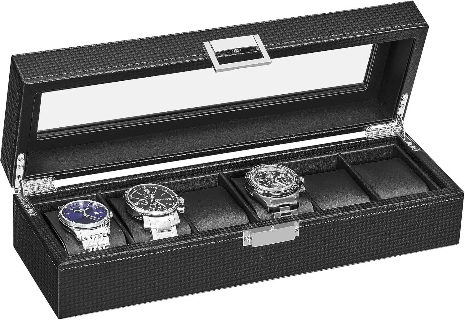 Fiber Design,Real Glass Top, Smooth Faux Leather Interior,Black SSH13C BEWISHOME Watch Box for Men - 6 dormitory Slot Watch Organizer, Watch Case,Carbon 