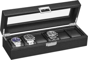 Fiber Design,Real Glass Top, Smooth Faux Leather Interior,Black SSH13C BEWISHOME Watch Box for Men - 6 dormitory Slot Watch Organizer, Watch Case,Carbon 
