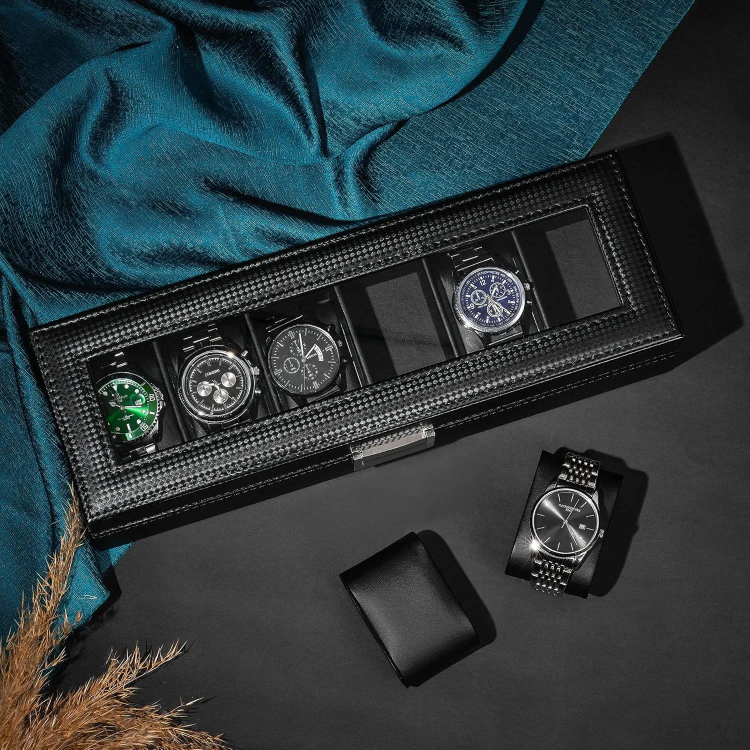 Fiber Design,Real Glass Top, Smooth Faux Leather Interior,Black SSH13C BEWISHOME Watch Box for Men - 6 dormitory Slot Watch Organizer, Watch Case,Carbon 