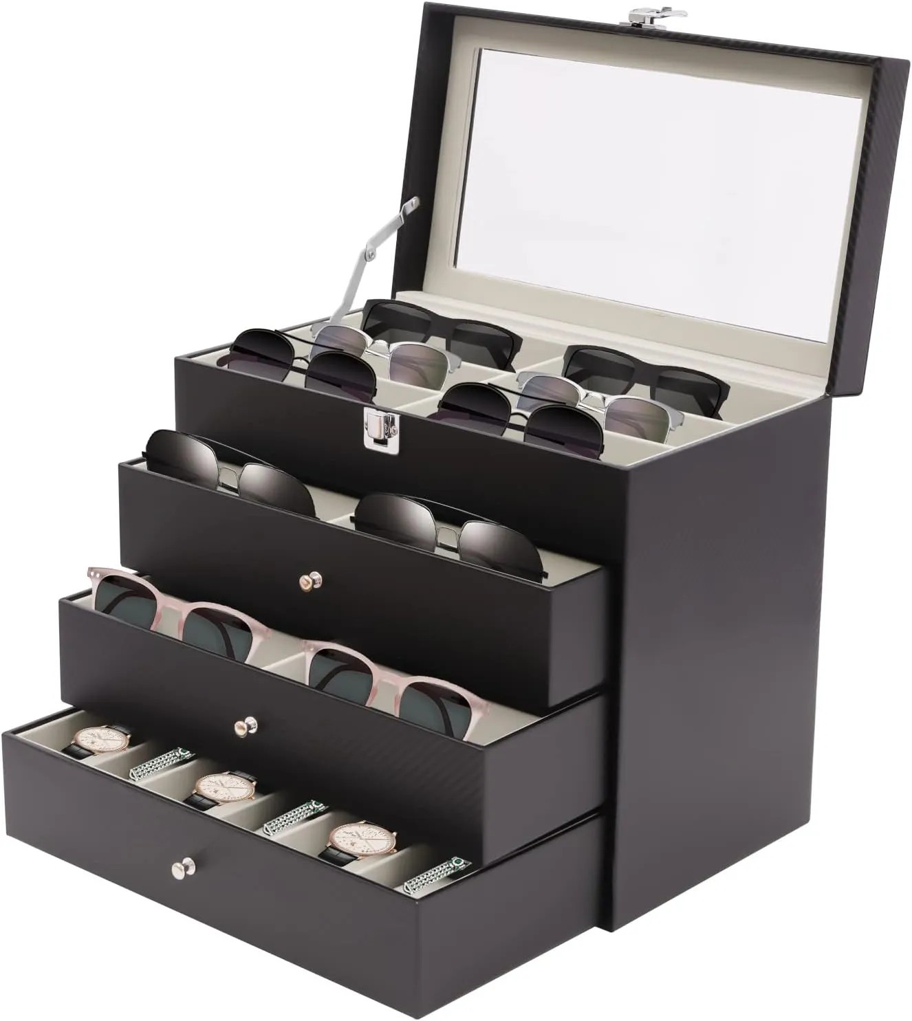 financial blur volunteer collector immaturity Glasses & 6 Watches, PU Leather Sunglasses Watches Jewelry Collection Holder with Glass Top, Father's Day Gifts Eyeglass Storage Case for 18 
