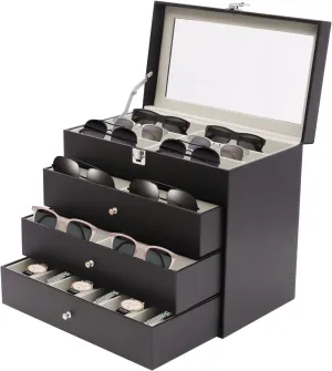 financial blur volunteer collector immaturity Glasses & 6 Watches, PU Leather Sunglasses Watches Jewelry Collection Holder with Glass Top, Father's Day Gifts Eyeglass Storage Case for 18 