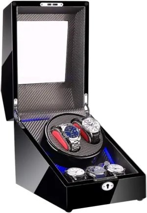 Fit Lady and Man Watches Watch Winder Display Watch Box Case Watch Storage Watch Winder for 2 Watches   3 Storage, LED Light, Wood Shell and lag Carbon Fiber Leather, Quite Motors, 