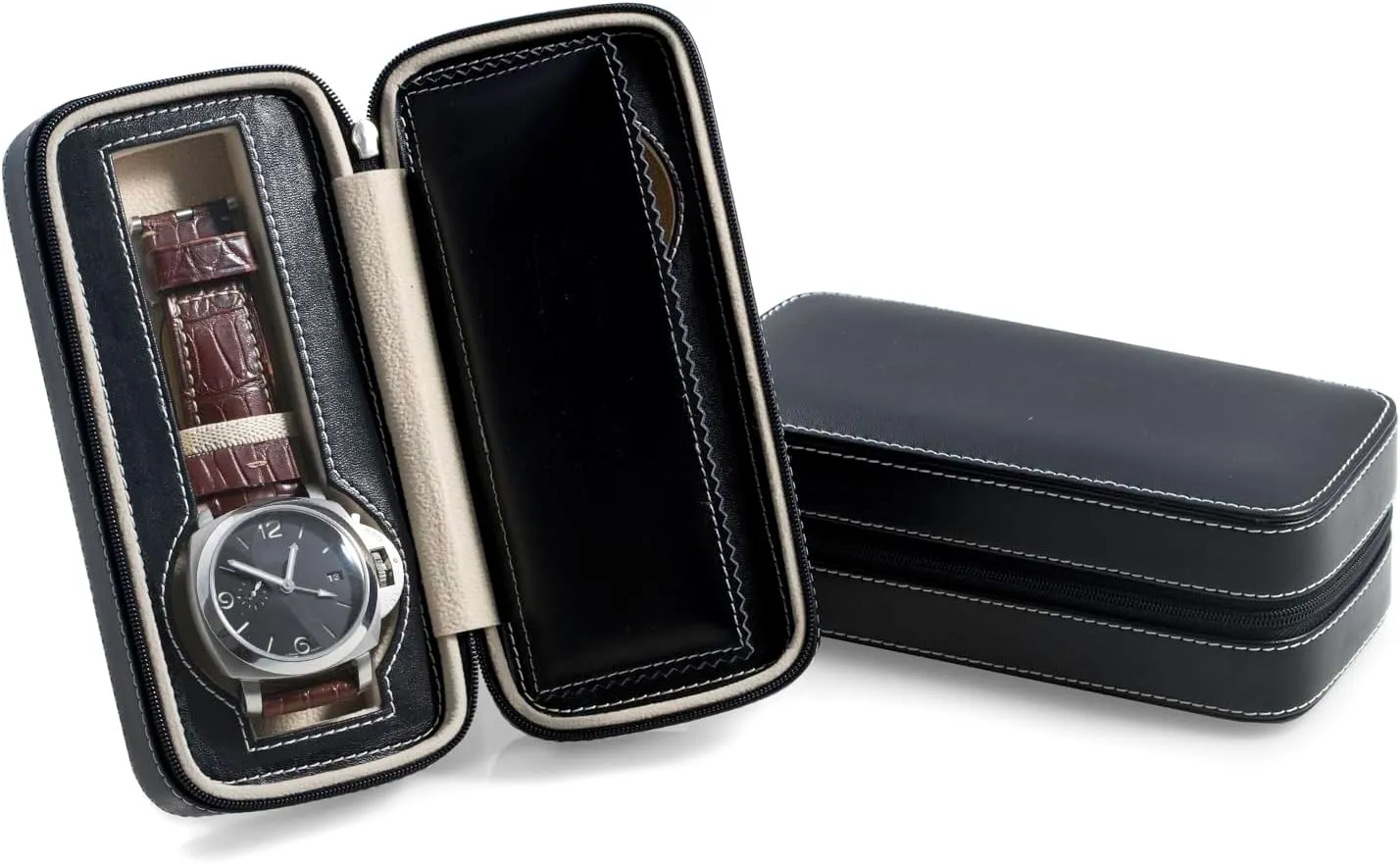 fitting compartments military troupe archaeopteryx count and center divider Bey-Berk Custom Personalized Black genuine leather two watches travel case with form 
