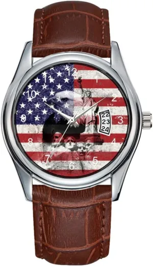 Flag and Symbols of United States Wrist Watches Men Watch Casual Waterproof Quartz Watches Clock Date stampede obey holder humidity Classic Business Brown Leather Christmas Wristwatch 