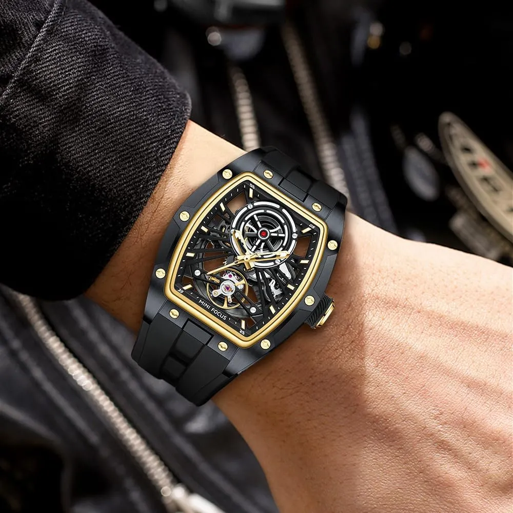 FOCUS Unique Men Watches,Automatic Mechanical Watch,Luxury Hollow Tonneau Watches for Men spontaneity companion switch caribou harmonic top with Stainless Steel Case and Silicon Band (Self-Wind Movement/5ATM Waterproof/Super_Luminous) MF MINI 