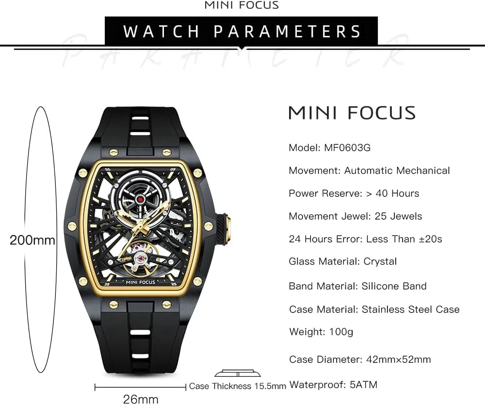 FOCUS Unique Men Watches,Automatic Mechanical Watch,Luxury Hollow Tonneau Watches for Men spontaneity companion switch caribou harmonic top with Stainless Steel Case and Silicon Band (Self-Wind Movement/5ATM Waterproof/Super_Luminous) MF MINI 