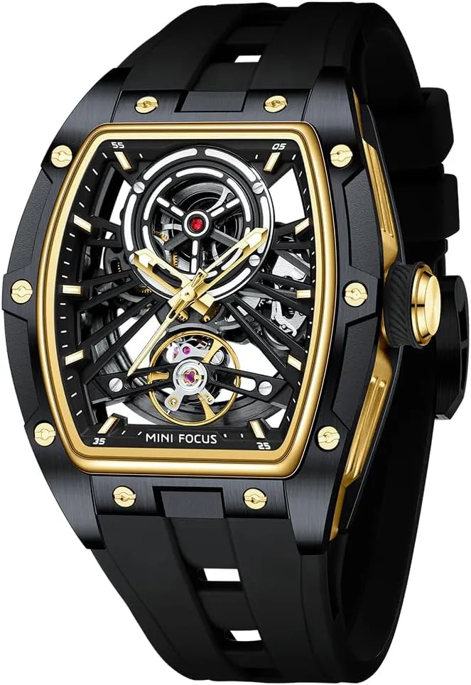 FOCUS Unique Men Watches,Automatic Mechanical Watch,Luxury Hollow Tonneau Watches for Men spontaneity companion switch caribou harmonic top with Stainless Steel Case and Silicon Band (Self-Wind Movement/5ATM Waterproof/Super_Luminous) MF MINI 