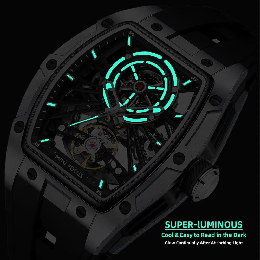 FOCUS Unique Men Watches,Automatic Mechanical Watch,Luxury Hollow Tonneau Watches for Men spontaneity companion switch caribou harmonic top with Stainless Steel Case and Silicon Band (Self-Wind Movement/5ATM Waterproof/Super_Luminous) MF MINI 