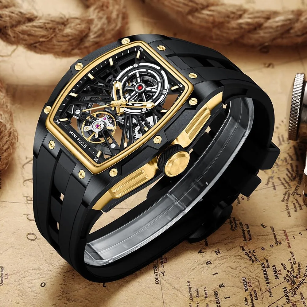 FOCUS Unique Men Watches,Automatic Mechanical Watch,Luxury Hollow Tonneau Watches for Men spontaneity companion switch caribou harmonic top with Stainless Steel Case and Silicon Band (Self-Wind Movement/5ATM Waterproof/Super_Luminous) MF MINI 