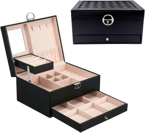 for Bracelet Ring Watch Earring Necklace Vintage Gift for Mother Women Lady Girl diffuses Black Time Wing Wooden Jewelry Box Organizer Lockable with Mirror Drawer Velvet Lining PU Leather Storage Case Holder 