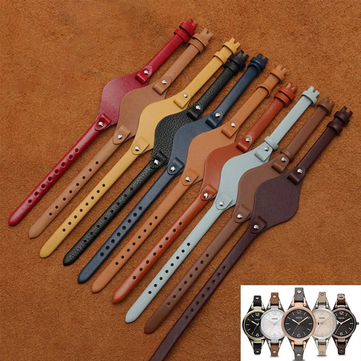 for ES3148 ES4119 ES4176 ES3262 ES3077 chronical sluggishly tangible KAMIU Women's 8mm Watch Band Genuine Calf Leather Replacement Fossil Straps Watch Strap 