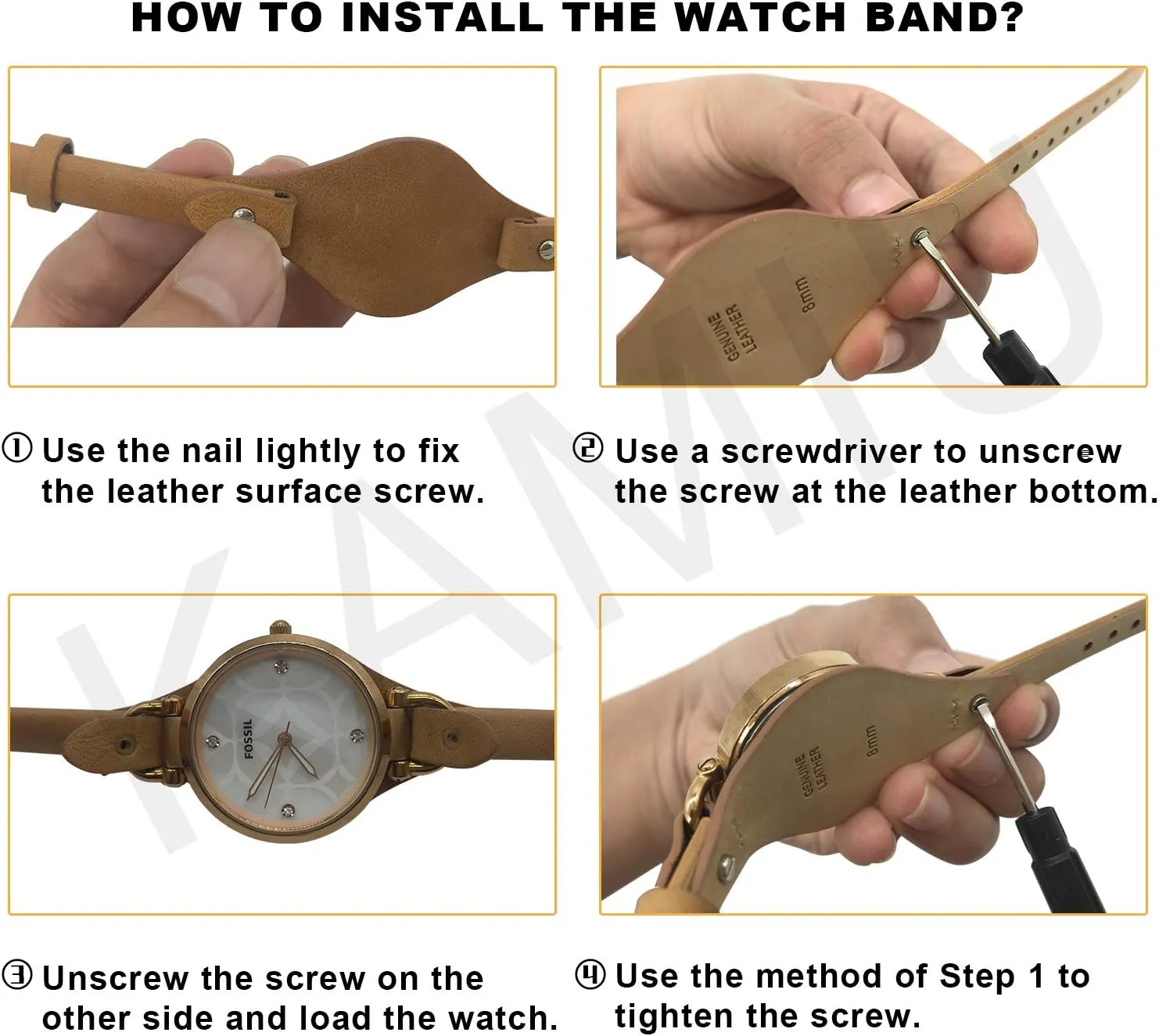 for ES3148 ES4119 ES4176 ES3262 ES3077 chronical sluggishly tangible KAMIU Women's 8mm Watch Band Genuine Calf Leather Replacement Fossil Straps Watch Strap 