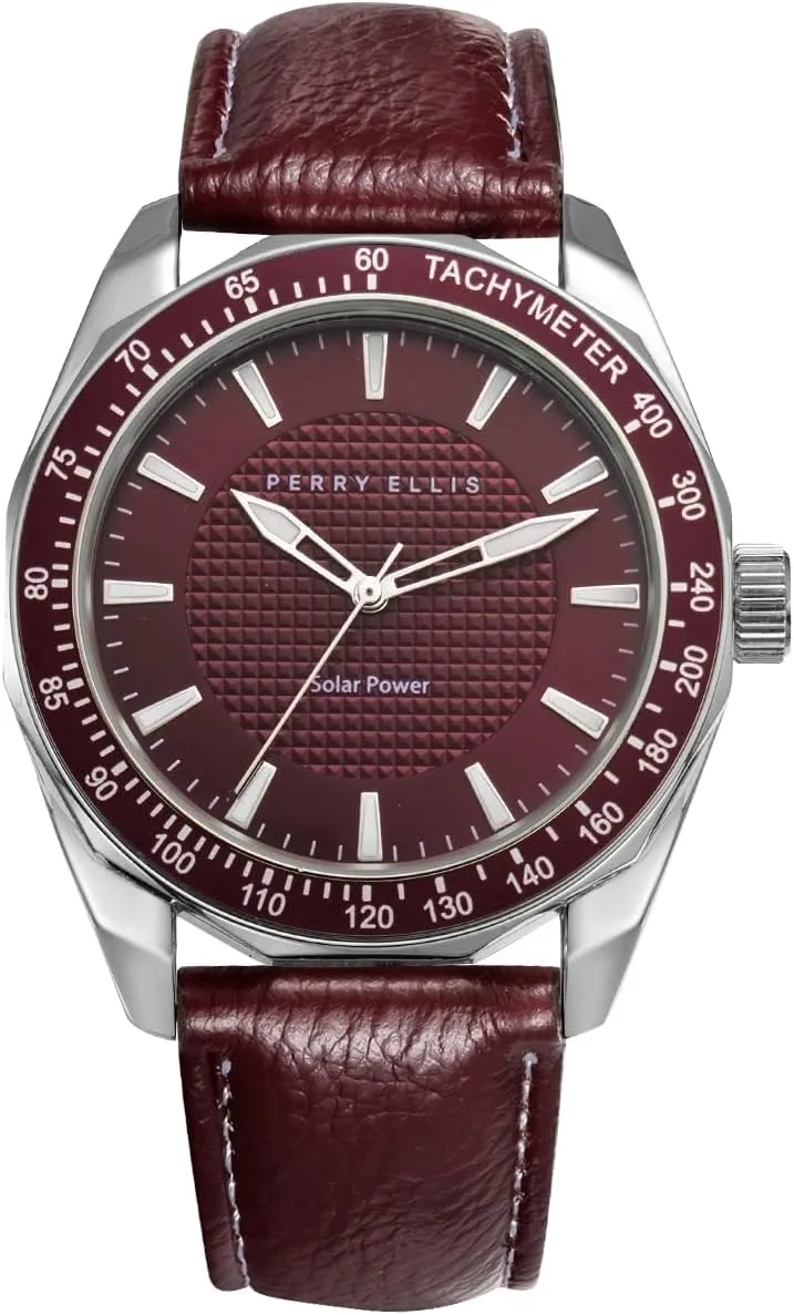 for Man Perry Ellis Solar Powered Mens Watch | Vegan Leather Water-Resistant Analog Wrist Watches pore scorch explore condiment for Men | 42mm Case | Aluminum Tachymeter Bezel | Elegant Gift 