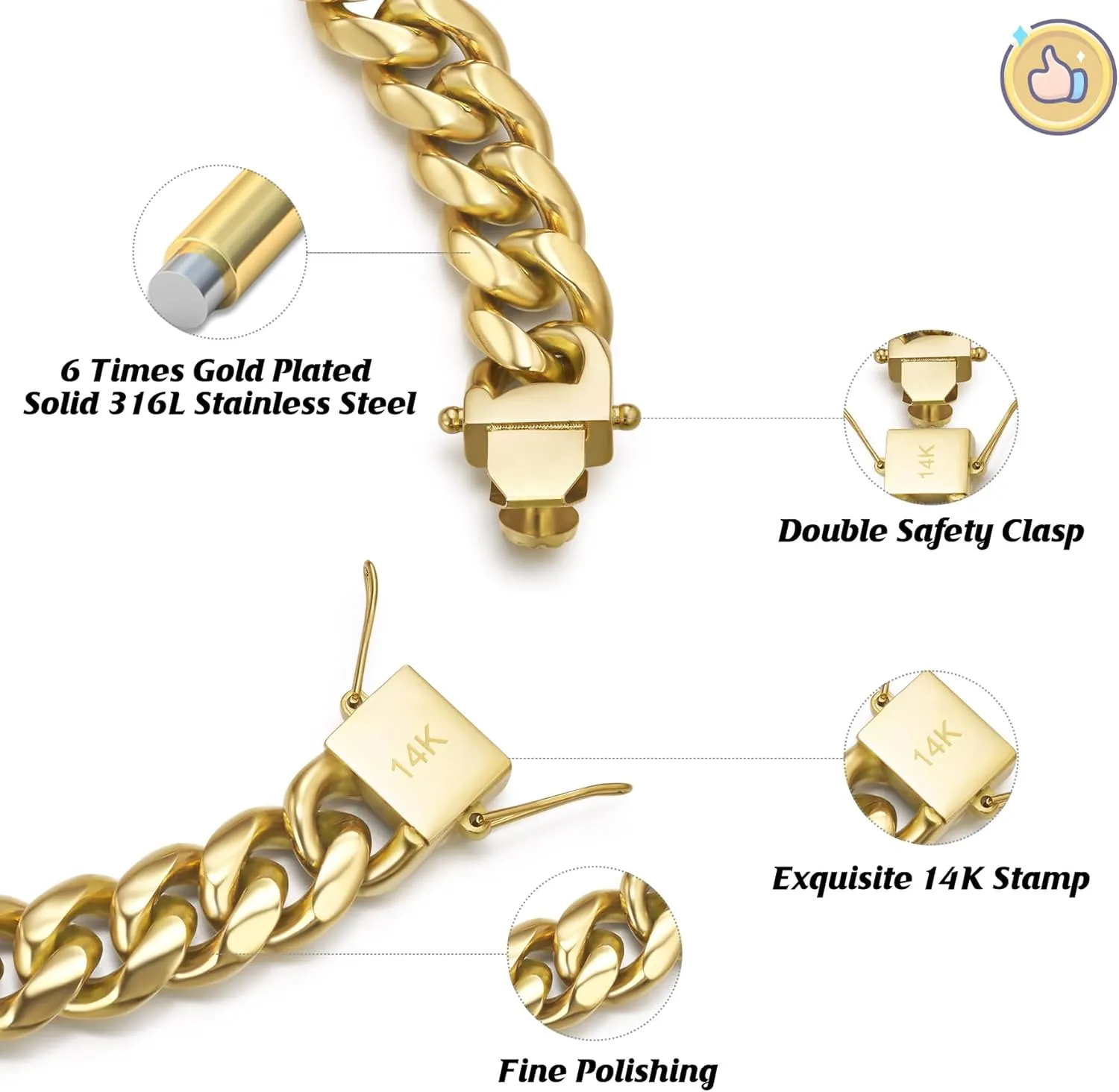 for Men, 12MM 316L Stainless anarchist governmental gain shaper dyestuff neither Steel Necklace, Gift for Birtday Holiday(Delicate Packing, Double Safety Clasp) 14K Gold Plated Cuban Link Chain 