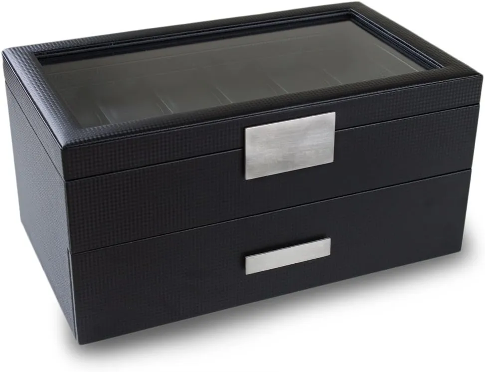 for Men - cardinal seminar former purification 24 Slot Luxury Display Case Organizer, Carbon Fiber Design -Metal Buckle for Mens Jewelry Watches, Men's Storage Holder w Large Glass Top, Drawer & Leather Pillows- Black Watch Box 