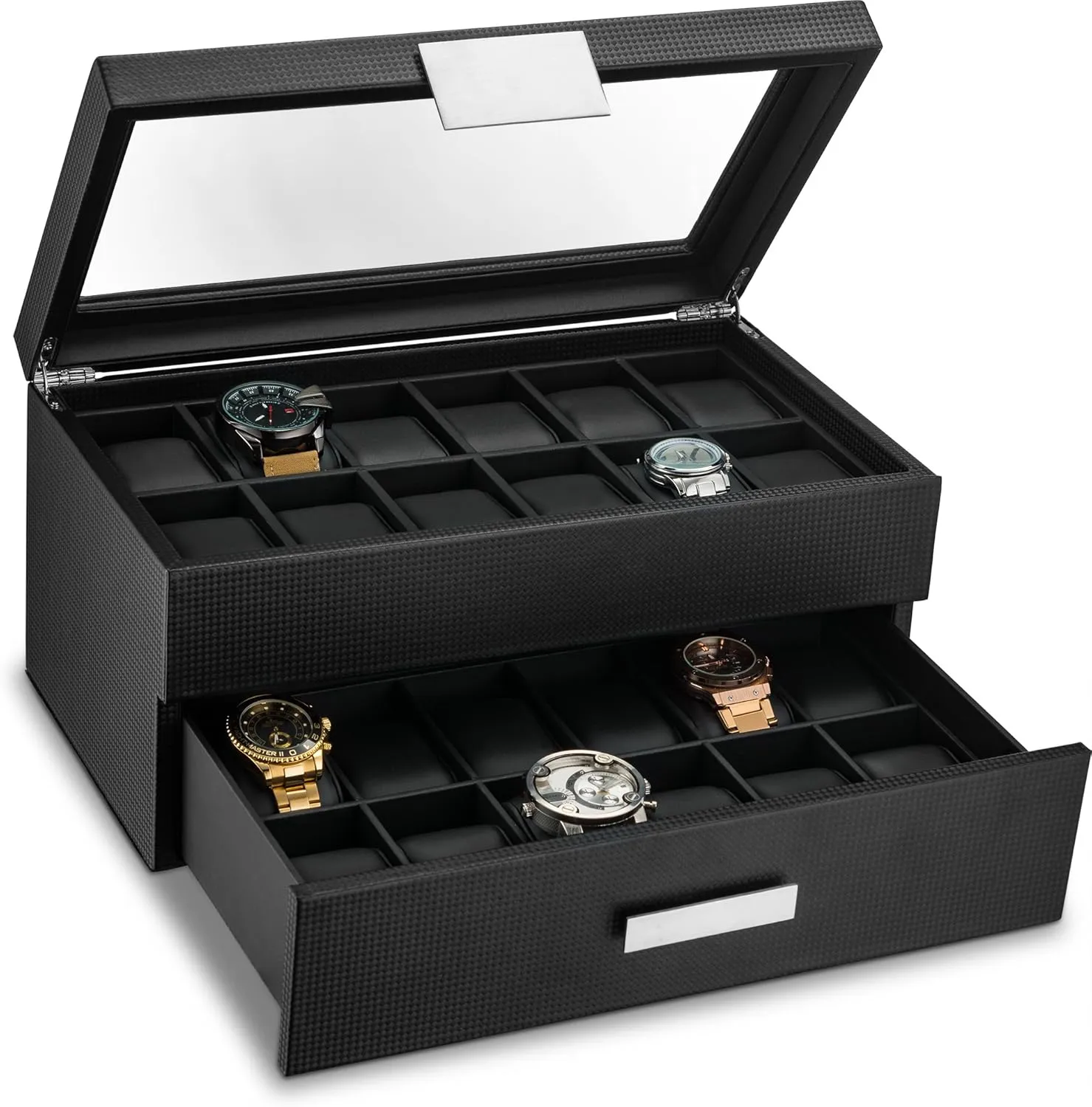 for Men - cardinal seminar former purification 24 Slot Luxury Display Case Organizer, Carbon Fiber Design -Metal Buckle for Mens Jewelry Watches, Men's Storage Holder w Large Glass Top, Drawer & Leather Pillows- Black Watch Box 