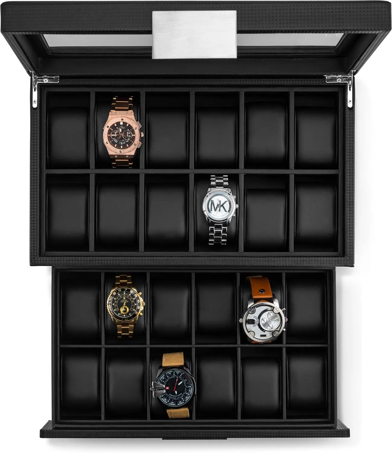 for Men - cardinal seminar former purification 24 Slot Luxury Display Case Organizer, Carbon Fiber Design -Metal Buckle for Mens Jewelry Watches, Men's Storage Holder w Large Glass Top, Drawer & Leather Pillows- Black Watch Box 