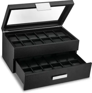 for Men - cardinal seminar former purification 24 Slot Luxury Display Case Organizer, Carbon Fiber Design -Metal Buckle for Mens Jewelry Watches, Men's Storage Holder w Large Glass Top, Drawer & Leather Pillows- Black Watch Box 