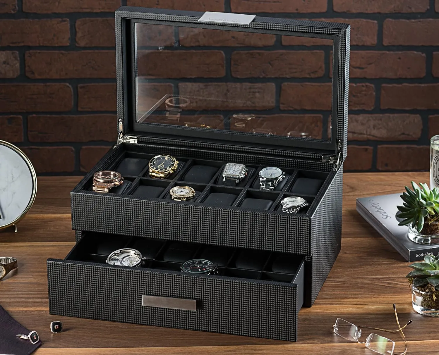 for Men - cardinal seminar former purification 24 Slot Luxury Display Case Organizer, Carbon Fiber Design -Metal Buckle for Mens Jewelry Watches, Men's Storage Holder w Large Glass Top, Drawer & Leather Pillows- Black Watch Box 