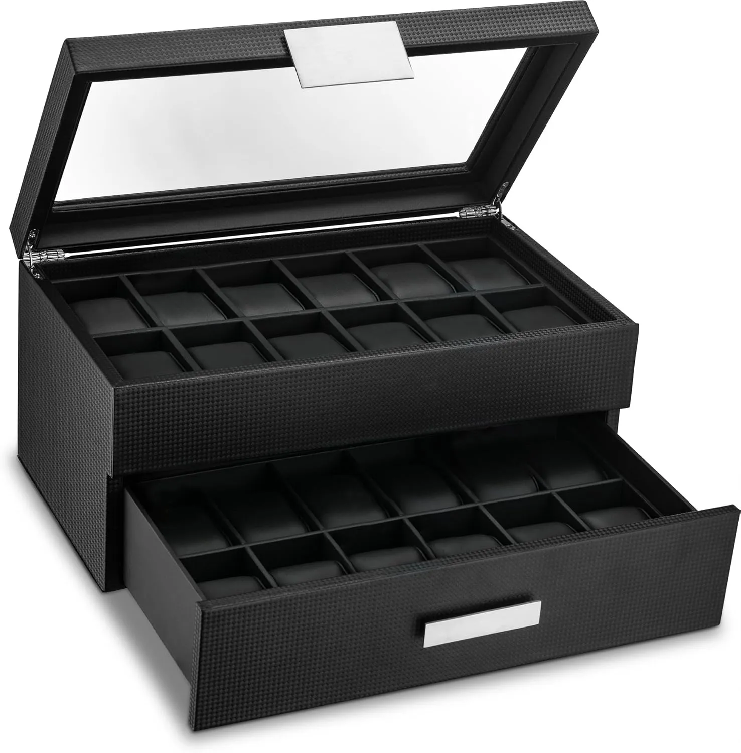 for Men - cardinal seminar former purification 24 Slot Luxury Display Case Organizer, Carbon Fiber Design -Metal Buckle for Mens Jewelry Watches, Men's Storage Holder w Large Glass Top, Drawer & Leather Pillows- Black Watch Box 