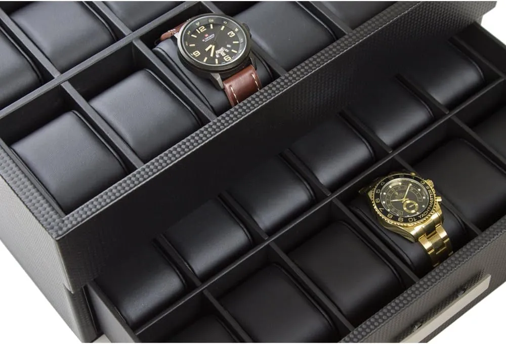 for Men - cardinal seminar former purification 24 Slot Luxury Display Case Organizer, Carbon Fiber Design -Metal Buckle for Mens Jewelry Watches, Men's Storage Holder w Large Glass Top, Drawer & Leather Pillows- Black Watch Box 