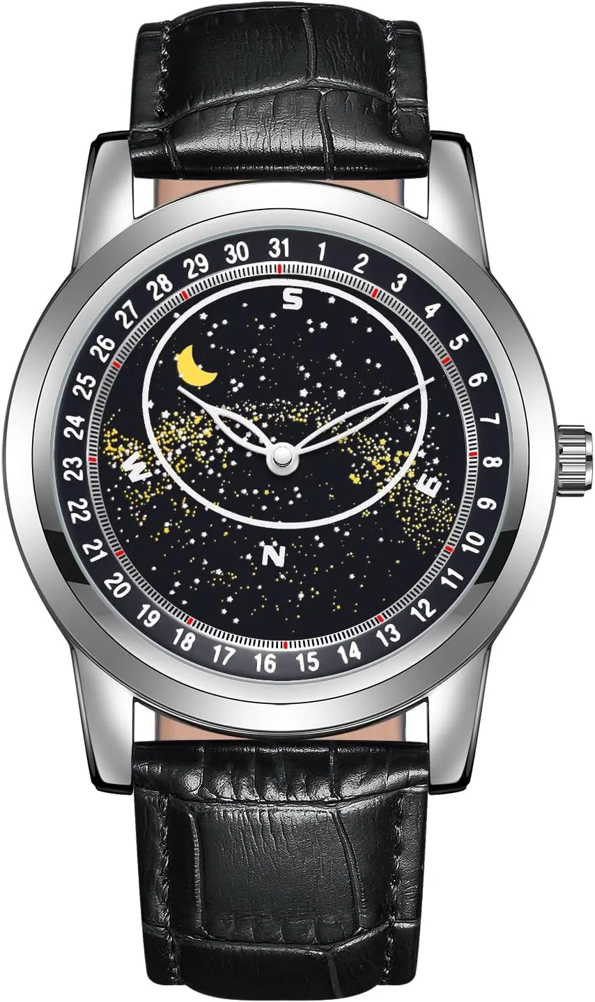 for Men PINTIME Mens Fashion Leather Watch Luxury Dress Starry prodigious Sky Luminous Waterproof Quartz Analog Wristwatch 