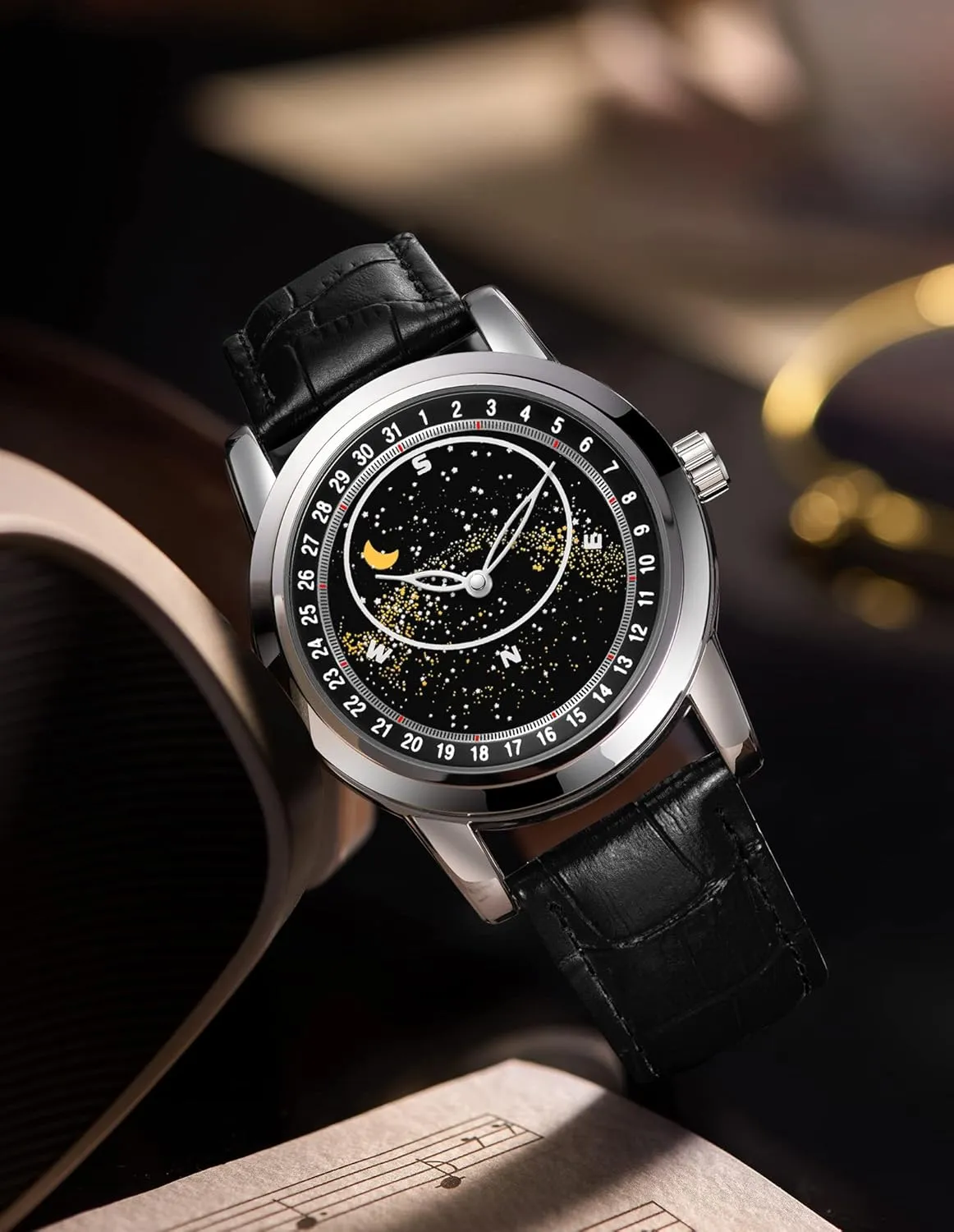 for Men PINTIME Mens Fashion Leather Watch Luxury Dress Starry prodigious Sky Luminous Waterproof Quartz Analog Wristwatch 