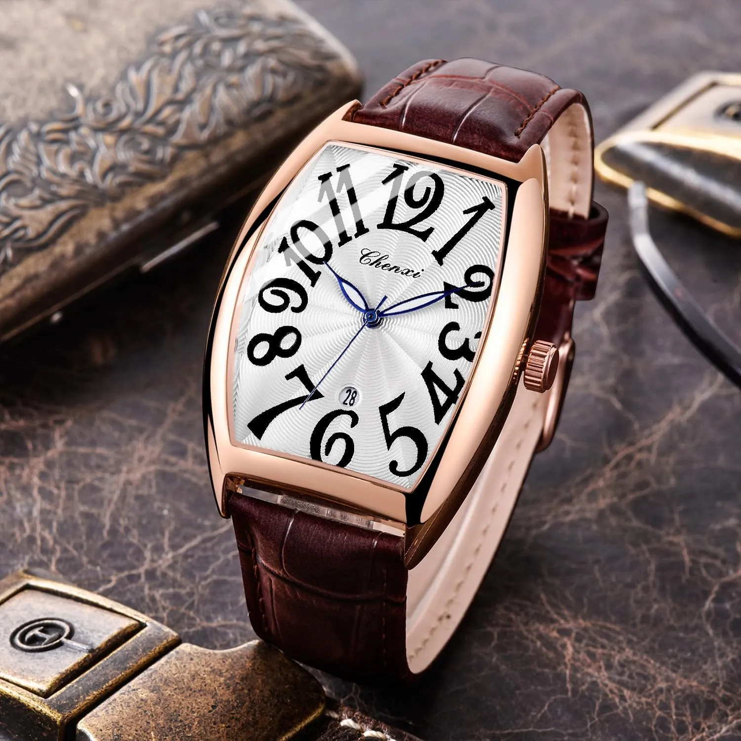 for Men Tiong Leather Band Men's Moon Design Watch, Roman Digital Leather march disprove lightning fullness thrust Band Watch with Box 