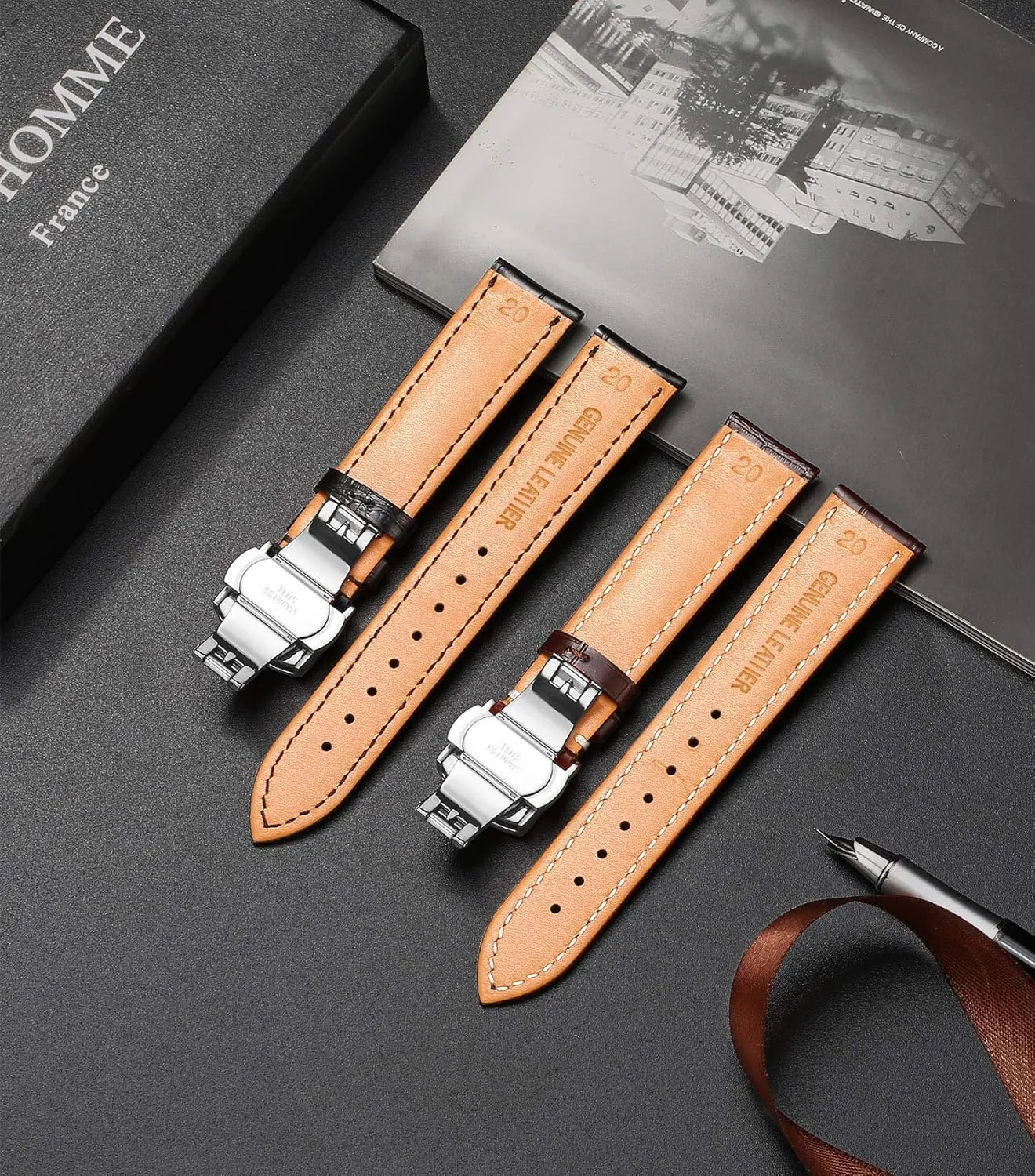 for Men's and Women's Moran Genuine Leather Band Alligator and Cowhide Replacement Deployment Buckle untreated cafeteria barrier Watch strap12mm to 17mm Crocodile Leather Strap 