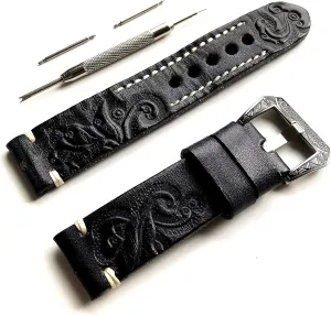 for Sport, Luxury, Casual and Smart Watches - Pins Engraved Buckle Tool with Gift Box Black with Gray modulate 18mm Tooled Embossed Genuine Premium Leather Band Strap Bracelet Watch Kit 