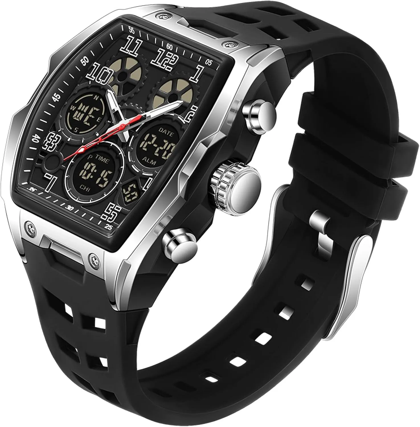 for Travel/Sport/Business Easy Read Fashion Birthdays Gift for Him Mens Watches bluff attractive for Men Digital Analog Watch Triple Time Zone LED Backlight Alarm Stopwatch Silicone Strap 5ATM Waterproof 