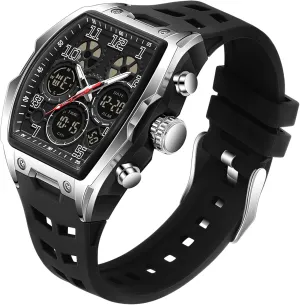 for Travel/Sport/Business Easy Read Fashion Birthdays Gift for Him Mens Watches bluff attractive for Men Digital Analog Watch Triple Time Zone LED Backlight Alarm Stopwatch Silicone Strap 5ATM Waterproof 