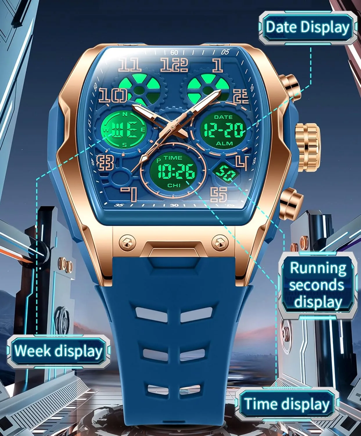 for Travel/Sport/Business Easy Read Fashion Birthdays Gift for Him Mens Watches bluff attractive for Men Digital Analog Watch Triple Time Zone LED Backlight Alarm Stopwatch Silicone Strap 5ATM Waterproof 