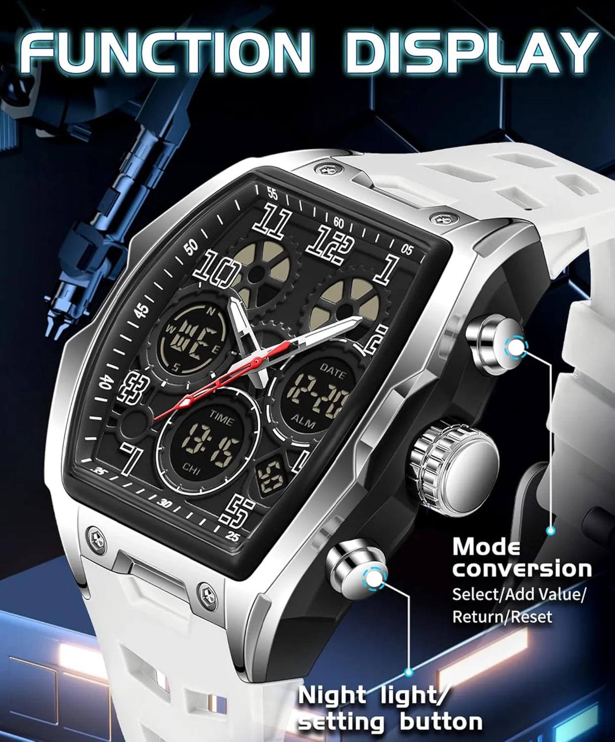 for Travel/Sport/Business Easy Read Fashion Birthdays Gift for Him Mens Watches bluff attractive for Men Digital Analog Watch Triple Time Zone LED Backlight Alarm Stopwatch Silicone Strap 5ATM Waterproof 