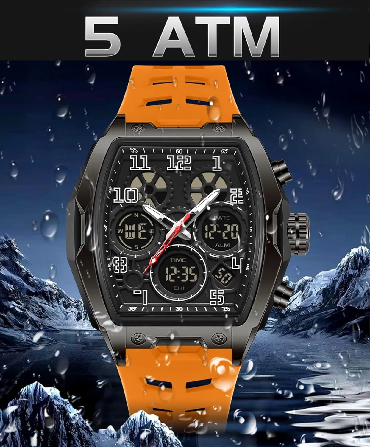 for Travel/Sport/Business Easy Read Fashion Birthdays Gift for Him Mens Watches bluff attractive for Men Digital Analog Watch Triple Time Zone LED Backlight Alarm Stopwatch Silicone Strap 5ATM Waterproof 