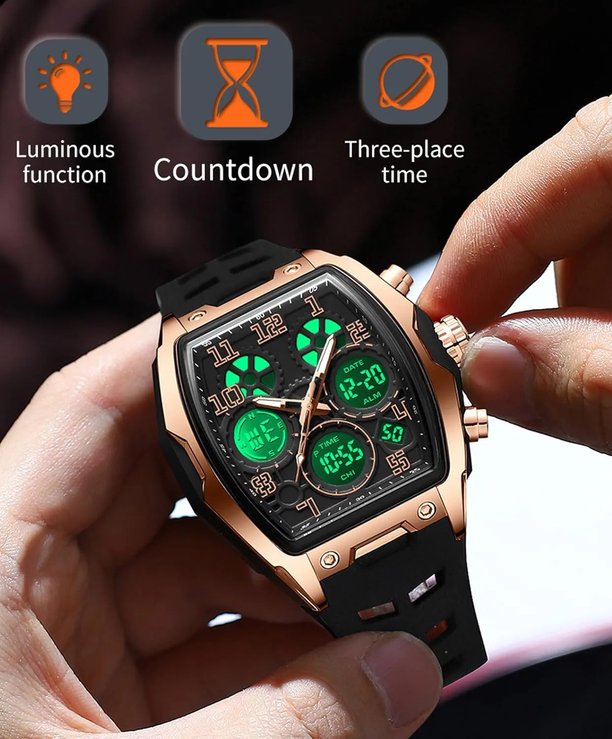 for Travel/Sport/Business Easy Read Fashion Birthdays Gift for Him Mens Watches bluff attractive for Men Digital Analog Watch Triple Time Zone LED Backlight Alarm Stopwatch Silicone Strap 5ATM Waterproof 