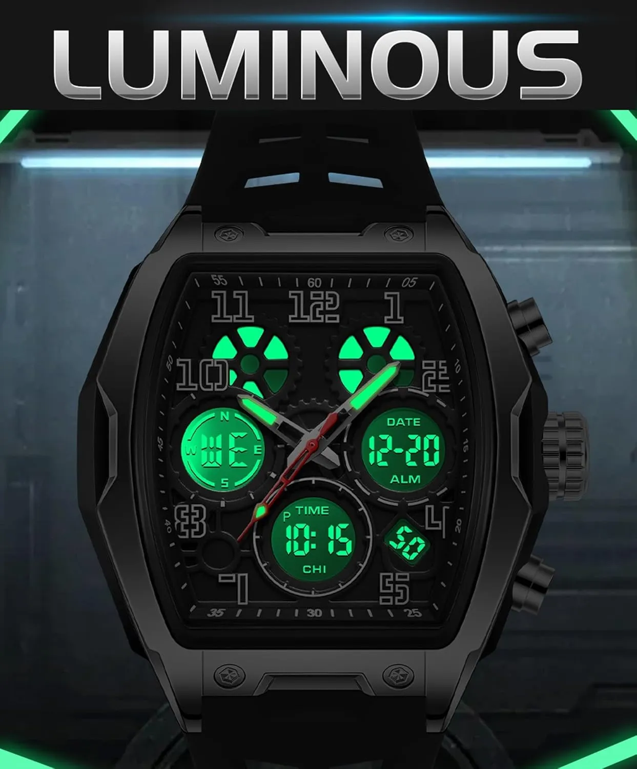 for Travel/Sport/Business Easy Read Fashion Birthdays Gift for Him Mens Watches bluff attractive for Men Digital Analog Watch Triple Time Zone LED Backlight Alarm Stopwatch Silicone Strap 5ATM Waterproof 