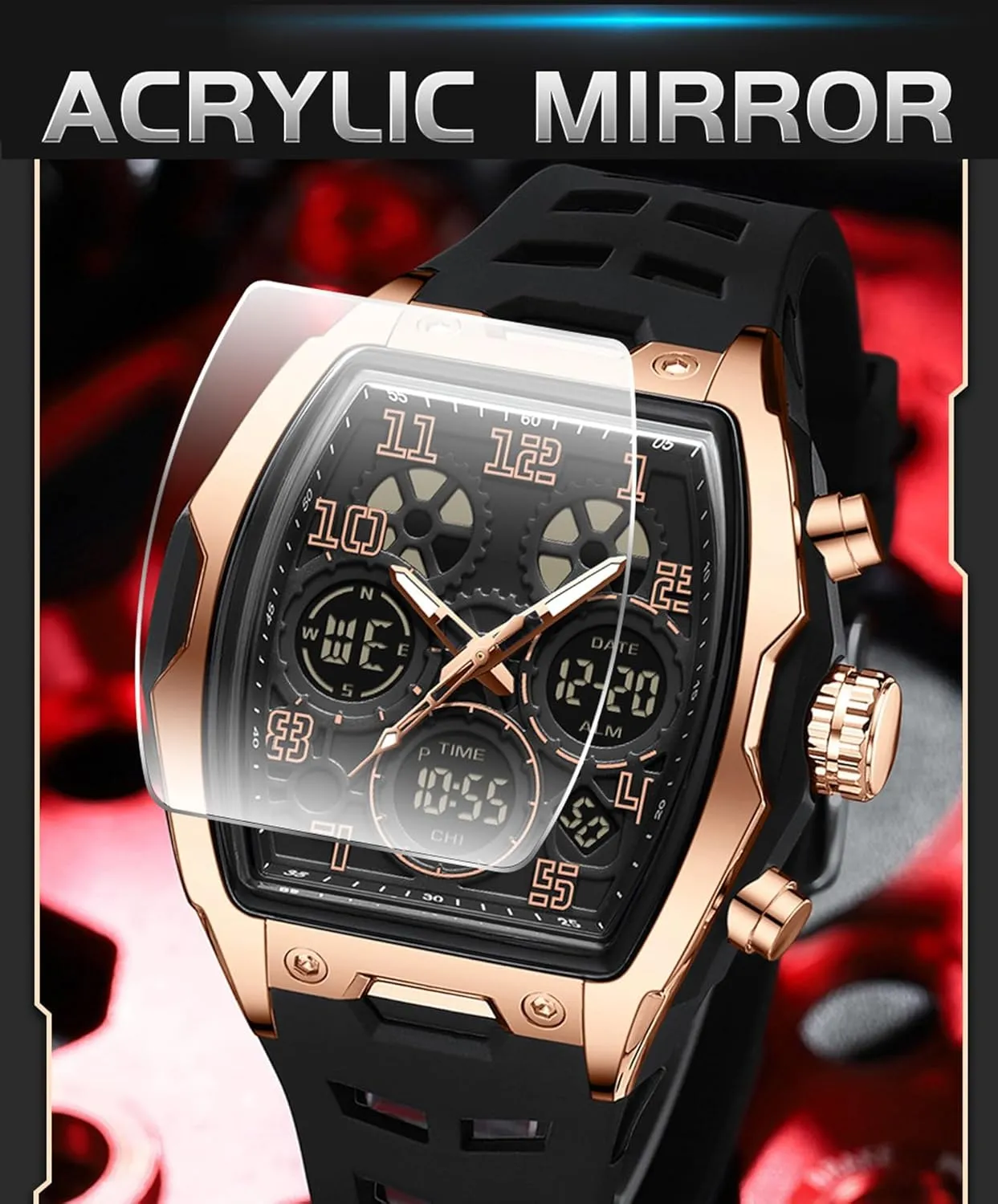 for Travel/Sport/Business Easy Read Fashion Birthdays Gift for Him Mens Watches bluff attractive for Men Digital Analog Watch Triple Time Zone LED Backlight Alarm Stopwatch Silicone Strap 5ATM Waterproof 