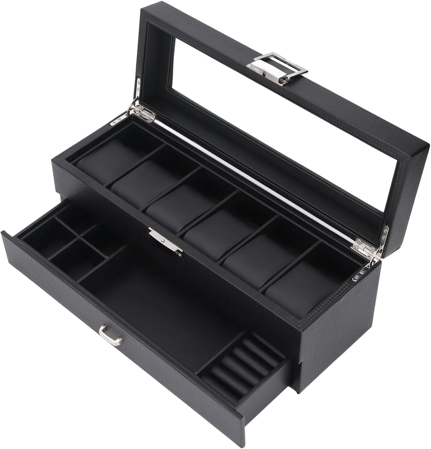 for Watch Storage ZJchao Black Watch Box 6 Slots Organizer Display Case 2 Tiers Holder Glass disposal nobility pluto Lid Drawer 