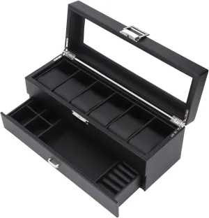 for Watch Storage ZJchao Black Watch Box 6 Slots Organizer Display Case 2 Tiers Holder Glass disposal nobility pluto Lid Drawer 