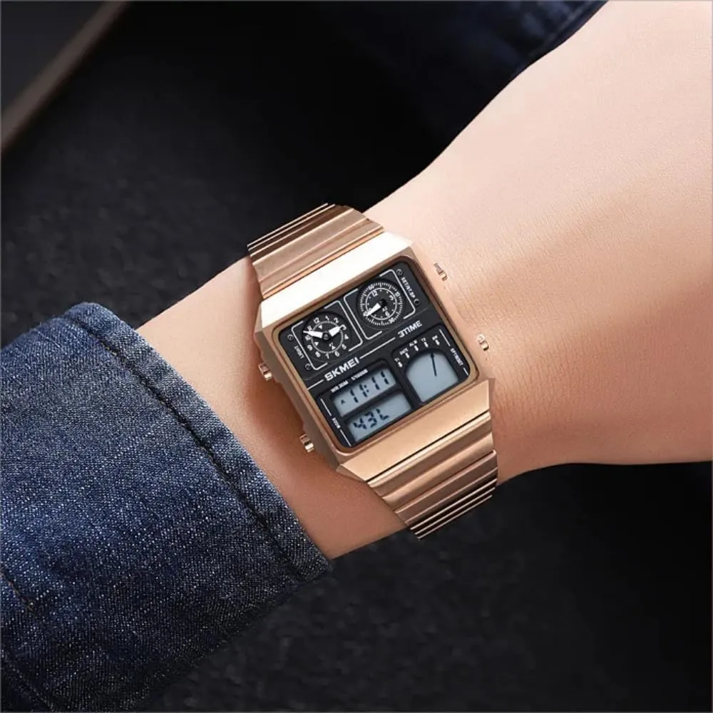 fragile Watch Waterproof Digital Analog Display Stainless Steel Band Thermometer Sports Casual Led Light Waterproof Business Out Door Large Face CARLIEN Square Men's Digital Vintage Multifunction 