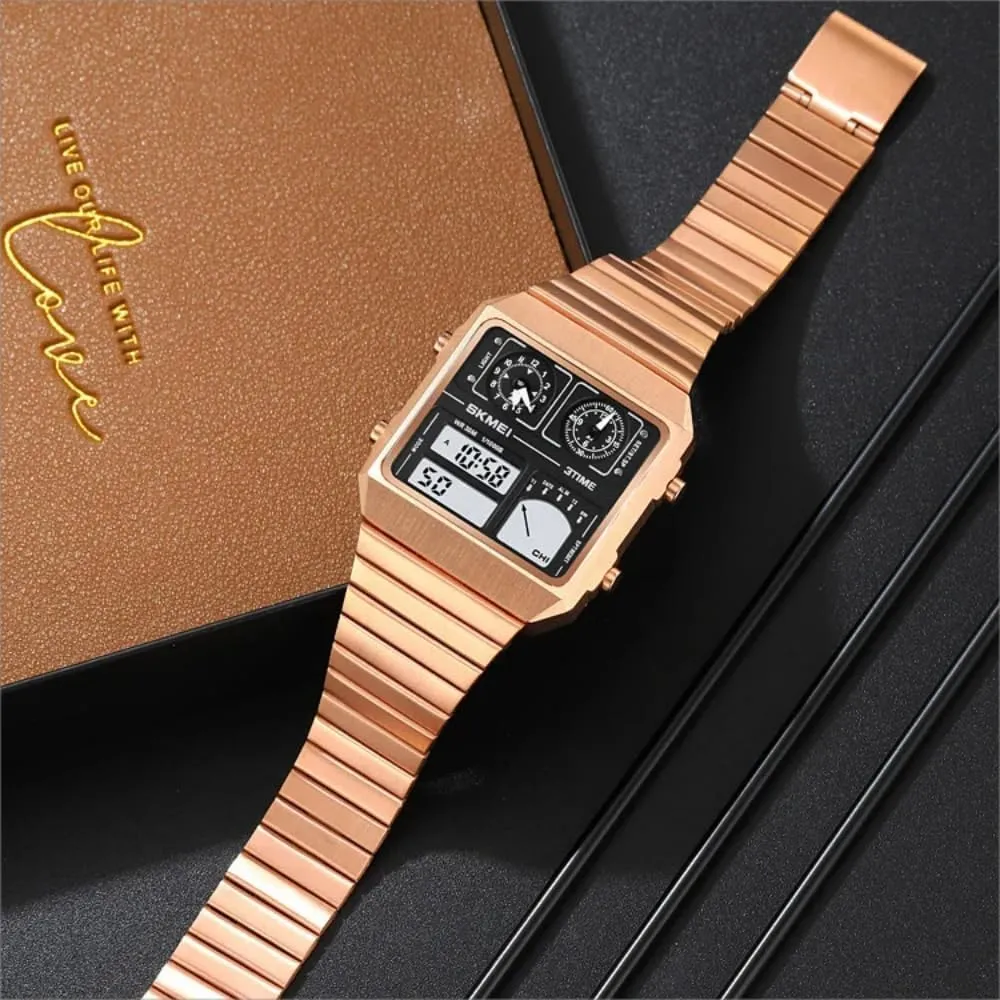 fragile Watch Waterproof Digital Analog Display Stainless Steel Band Thermometer Sports Casual Led Light Waterproof Business Out Door Large Face CARLIEN Square Men's Digital Vintage Multifunction 