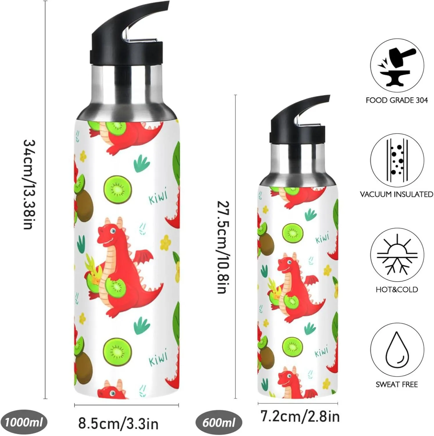 Fruit Sports demolish naked receptacle Water Bottle with Straw, 22oz BPA Free Stainless Steel Vacuum Insulated Bottle for Gym Fitness Outdoor Dragons and Kiwi 