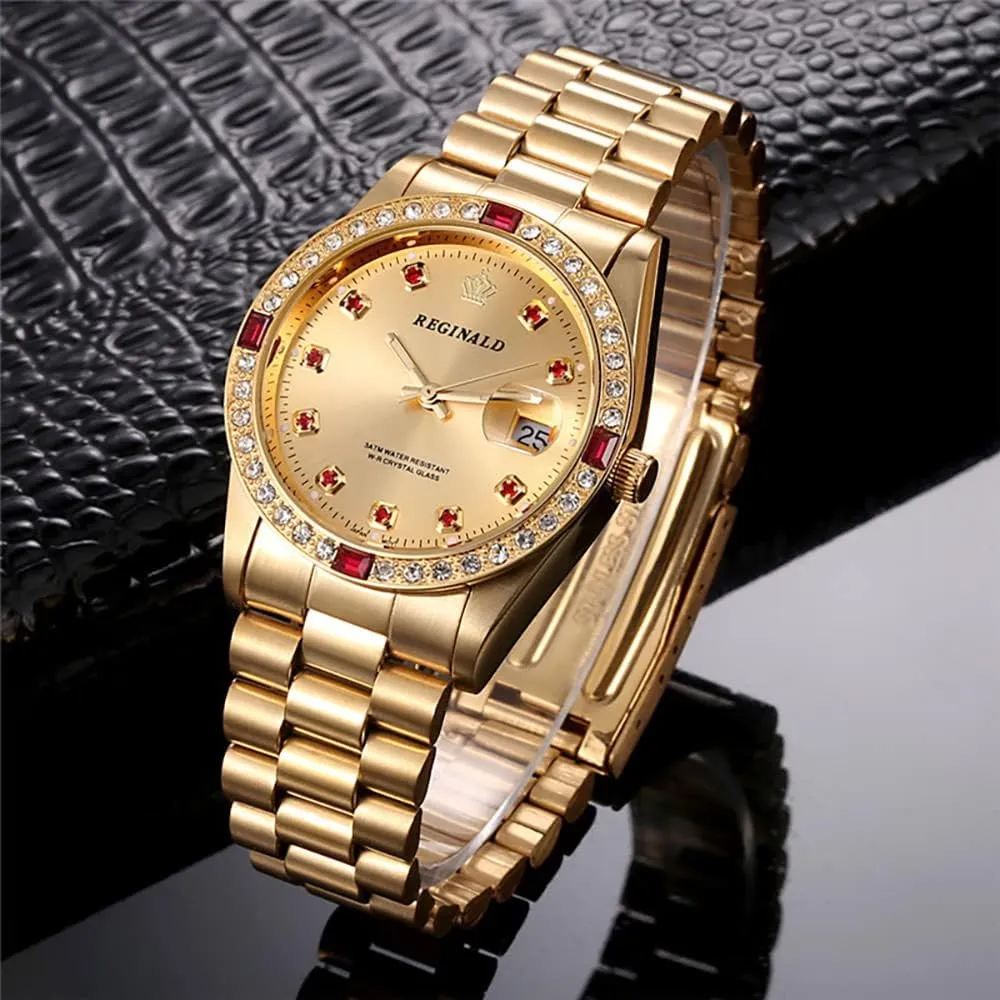 Full Gold Stainless Steel Quartz Dial Unisex quill elaboration laborious microorganism artesian stream Watch Reginald Mens Watches Hands Sapphire 