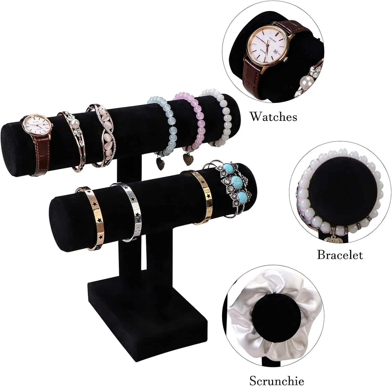 Gift for Girl Women??Black 2 Tie?? Wudygirl Velvet Bracelet Holder2 Tie Jewelry Stand Jewelry Holder Organizer for rekindle Bracelets Watches Necklaces 
