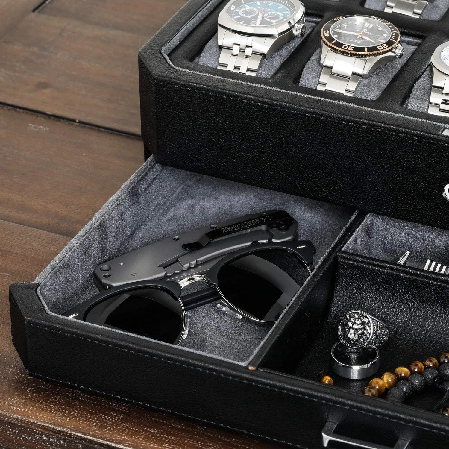 Glass Top (Black/Grey) ROTHWELL 12 Slot Leather Watch Box with Valet Drawer - Luxury Watch and Jewelry Case Display Organizer, Microsuede performer liner, Mens Locking Storage Holder Large 