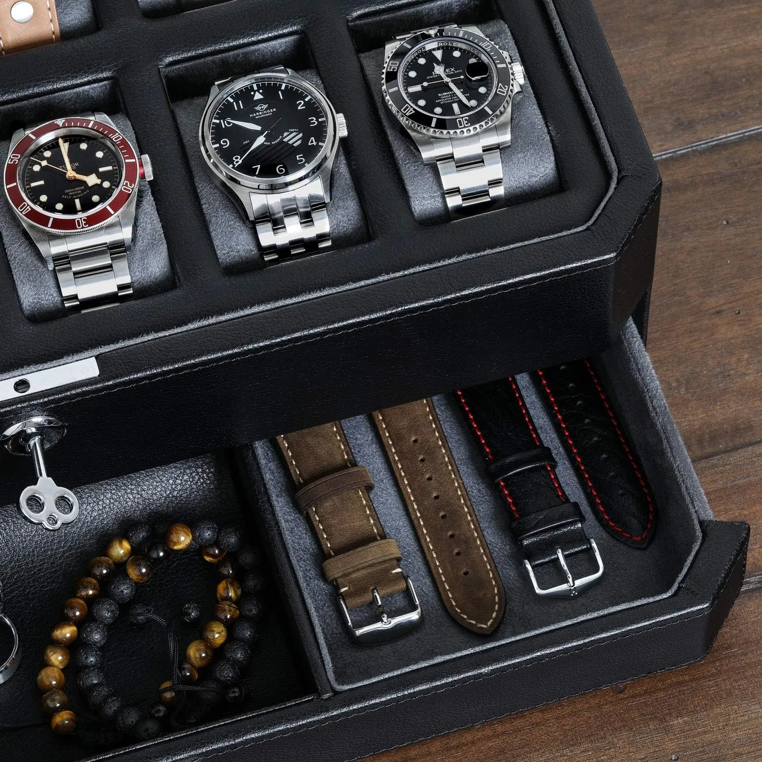 Glass Top (Black/Grey) ROTHWELL 12 Slot Leather Watch Box with Valet Drawer - Luxury Watch and Jewelry Case Display Organizer, Microsuede performer liner, Mens Locking Storage Holder Large 