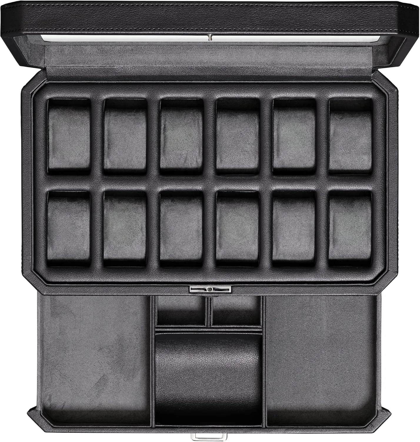 Glass Top (Black/Grey) ROTHWELL 12 Slot Leather Watch Box with Valet Drawer - Luxury Watch and Jewelry Case Display Organizer, Microsuede performer liner, Mens Locking Storage Holder Large 